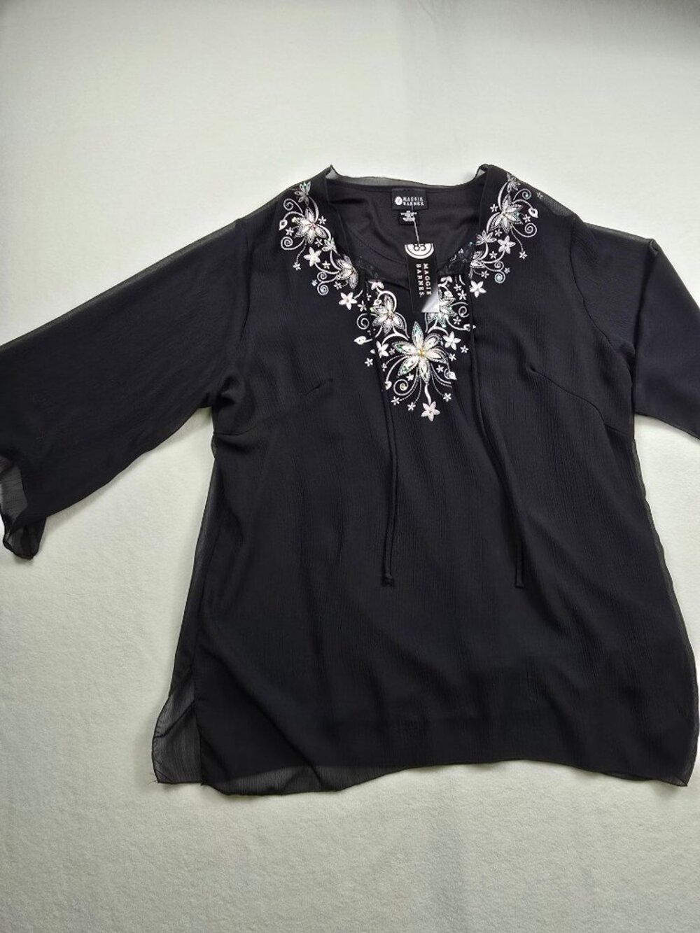NEW Maggie Barnes Embroidered Black Blouse Floral Design 3/4 Sleeves Size 0X